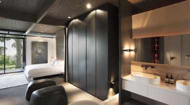 Built in 1969, this home was inspired by architecture, bathroom, ceiling, interior design, room, black, gray