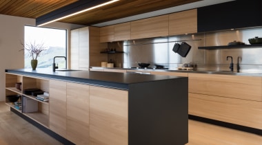 Sleek new kitchen has both a clean-lined design architecture, cabinetry, countertop, cuisine classique, floor, flooring, hardwood, interior design, kitchen, laminate flooring, plywood, wood, wood flooring, brown