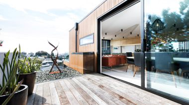 ​​​​​​​One of three decks on this home, the apartment, architecture, home, house, interior design, property, real estate, white