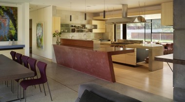 ​​​​​​​An angled, oxide red concrete island delineates this architecture, floor, tiles, concrete, furniture, house, interior design, living room, FuTung Cheng, Cheng Design