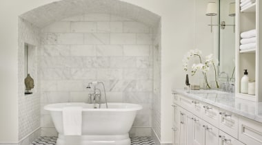 ​​​​​​​An inset mosaic tile mat gives subtle but bathroom, bathroom accessory, bathroom cabinet, bathroom sink, ceramic, floor, flooring, interior design, plumbing fixture, room, sink, tap, tile, wall, Mark Williams Design