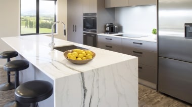 This eye-catching kitchen, by designer Kim Primrose, features countertop, floor, interior design, kitchen, gray