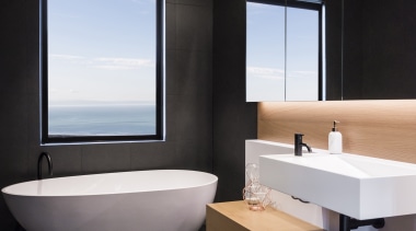 ​​​​​​​To achieve the effect you want in a bathroom, floor, tiles, interior design, sink, gray, black, freestanding bath, timber vanity top, Davinia Sutton