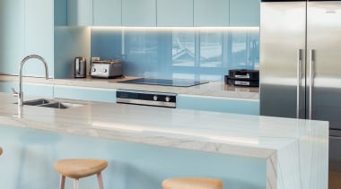 Easy to use, easy to clean and energy-efficient architecture, bar stool, building, cabinetry, countertop, floor, flooring, furniture, glass, gloss, home, house, interior design, kitchen, kitchen stove, material property, product, property, room, shelf, small appliance, stool, table, tile, turquoise, gray