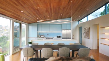 In this kitchen, the pale blue tone seen architecture, home, house, interior design, living room, window, kitchen, Frans Kamermans, timber floor, ceiling, lighting, leds, pendants