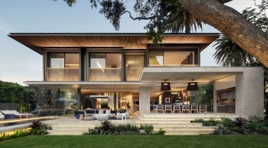 ​​​​​​​Cantilevered ceilings on this new home protect and architecture, elevation, facade, home, house, window, gray, contemporary, SAOTA