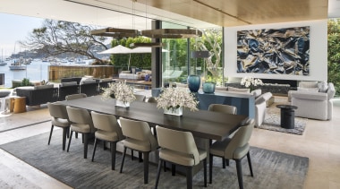 ​​​​​​​Large, slim framed glass panels open up this chair, dining room, furniture, interior design, patio, table, SAOTA