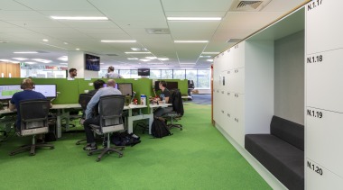 For the Vodafone fit-out, commercial furniture specialists Vidak office, room, gray, green, Vodafone fit-out, commercial furniture, Vidak, smart desking, smart lockers