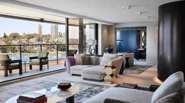 ​​​​​​​Cool, calm, luxurious and with stand-out artworks, this apartment, architecture, coffee table, couch, floor, furniture, home, interior design, living room, table, gray, Richard Archer, Archer Design, JMC Builders