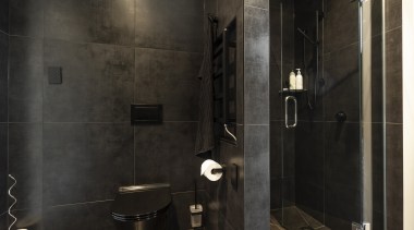 ​​​​​​​Given the through nature of this bathroom, it architecture, bathroom, floor, flooring, tiles, plumbing fixture, shower, black, Celia Visser Design