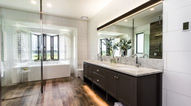 Wood-look ceramic floor tiles extend up the shower architecture, bathroom, bathroom cabinet, cabinetry, floor, flooring, tiles, basin, Peta Davy, Yellowfox