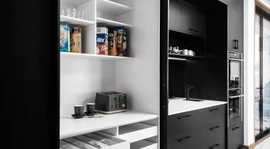 ​​​​​​​Storage was not a problem in this kitchen black, black-and-white, storeage, cabinetry, cupboard, monochrome, self, shelving, black, white, Impact Kitchens