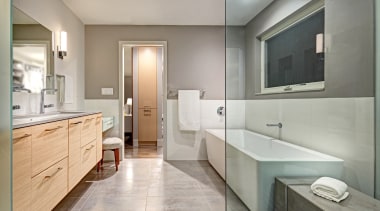 ​​​​​​​With a trough sink for two in a architecture, bathroom, bathroom accessory, bathroom cabinet, countertop, vanity, floor, flooring, tile, lighting, plumbing fixture, sink, tap, tile, wall, gray, Nar Group, bath