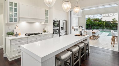 ​​​​​​​Fresh connections – this new kitchen by architects architecture, cabinetry, countertop, benchtop, Ceasarstone, timber floor, hardwood, interior design, kitchen, lighting, white, wood flooring, Baahouse & Baastudio Architecture
