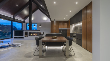 While this kitchen needed to tie in with architecture, design, semi indsutrial, cabinetry, kitchen, dining room, floor, flooring, furniture, home, house, interior design, lighting, living room, table, Cube Dentro