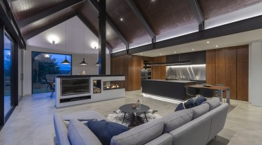 ​​​​​​​Having a lowered ceiling helps give this kitchen architecture, fireplace, gas fire, heating, ceiling, design, furniture, furnshings, home, nterior design, lighting, living room, Cube Dentro