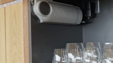 ​​​​​​​Highly-organised – upper cabinet doors open outwards and barware, drinkware, furniture, glass, interior design, kitchen, timber,  cabinetry, Eliska Lewis Architects