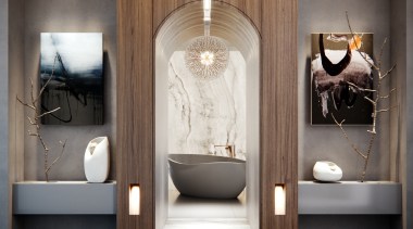 ​​​​​​​A sculptural slipper bath takes centre stage in bathroom, doorway, arch, floor, flooring, tile, gray, freestanding bath, wood veneer, kohler