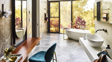 ​​​​​​​Reworked atrium windows add to the immediate connection architecture, bathroom, floor, flooring, furniture, home, house, interior design, tile, Darren James, Bathroom