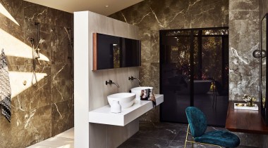 For this master ensuite, designer Darren James concealed architecture, bathroom, design, floor, flooring, furniture, interior design, lighting, tiled wall, Darren James, Bathroom, master suite