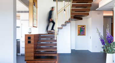 ​​​​​​​Reconfiguring the stairs was a major  contributor to architecture, penthouse, floor, flooring, hall, home, house, interior design, stairs, Andrew Wilkinson