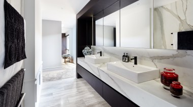 Modern benchtop basins meet classic materials in this architecture, bathroom, bathtub, black-and-white, countertop, vanities, design, floor, flooring, nterior design, marble, plumbing fixture, tap, tile, Archer Design, Basins