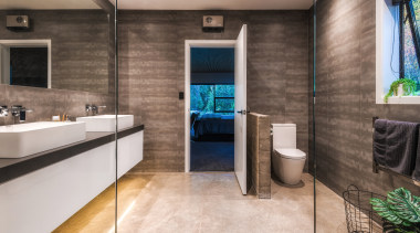 ​​​​​​​Designer Kirsty Davis adjusted the initial plan for architecture, bathroom, building, ceiling, estate, floor, flooring, furniture, home, house, interior design, plumbing fixture, property, real estate, room, tile, gray, brown
