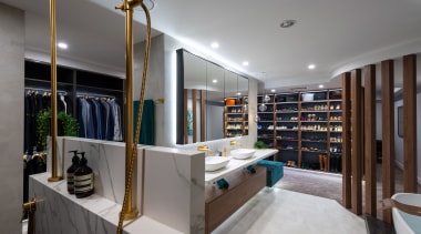 A low nib wall in the shower zone architecture, building, ceiling, design, floor, furniture, home, house, interior design, property, real estate, room, shelf, shelving, gray