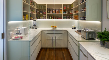​​​​​​​Too good to conceal! This well-appointed scullery forms architecture, building, cabinetry, ceiling, countertop, cupboard, floor, flooring, furniture, home, house, interior design, kitchen, material property, property, real estate, room, shelf, gray, brown