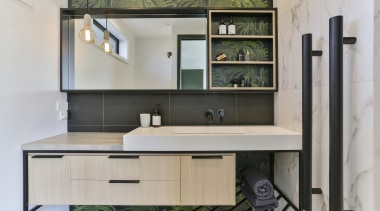 First to greet the eye, the wall-hung vanity gray