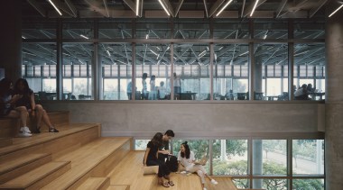In a building design where learning, linking and architecture, building, floor, flooring, interior design, lobby, tourist attraction, wood, black, gray, university