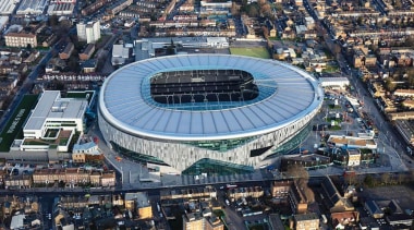 The new Tottenham Hotspur stadium offers diversification of aerial photography, architecture, arena, bird's-eye view, city, landscape, metropolitan area, soccer-specific stadium, sport venue, stadium, urban area, urban design, gray