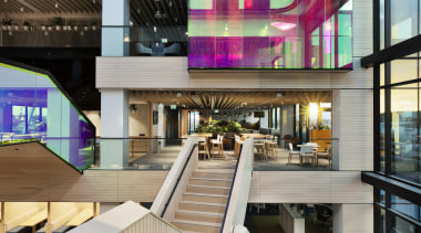 A scissor stair reaches across the atrium divide Mercury, Warren and Mahoney,  architecture, commercial building, design, facade, lobby, mixed-use