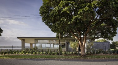 Anchored by two precast textured concrete “boxes”, a architecture, asphalt, building, facade, home, house, landscape, neighbourhood, plant, property, real estate, residential area, road, rural area, sky, street, suburb, tree, woody plant, gray, black