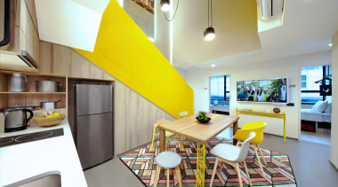 A duplex space is just one type of apartment, architecture, building, cabinetry, ceiling, countertop, dining room, floor, furniture, home, house, interior design, kitchen, property, real estate, room, table, yellow, gray