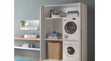 Salice Eclipse Pocket Doors are ideal for all clothes dryer, furniture, home appliance, laundry, laundry room, major appliance, product, shelf, shelving, washing machine, white, gray