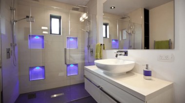 The Sereno alcove shower by Crest Shower Systems bathroom, home, interior design, purple, real estate, room, sink, gray
