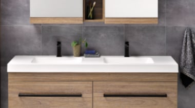 Soft basin corners and thick external lines give bathroom, bathroom accessory, bathroom cabinet, bathroom sink, countertop, floor, furniture, hardwood, interior design, plumbing fixture, sink, tap, tile, wall, gray