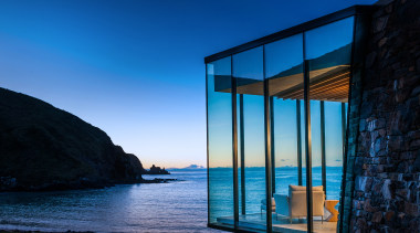 Annandale Banks Peninsula, New Zealand - architecture | architecture, azure, blue, building, evening, glass, horizon, house, ocean, rock, room, sea, sky, water, window, black, blue