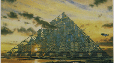 Shimizu Mega City Pyramid Concept From Extreme Engineering painting, pyramid, sky, brown, orange