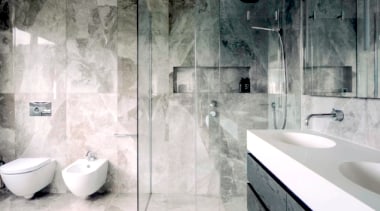 Bathroom design by Natalie Du Bois https://www.duboisdesign.co.nz/page/neutral-minimalist-parnell/  - bathroom, floor, flooring, interior design, plumbing fixture, room, tap, tile, wall, white, gray