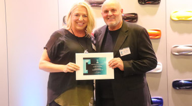 Kira Gray and David Johnson - award | award, electronic device, event, gadget, smile, technology, white