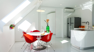 This dining area features a Leolux table, surrounded ceiling, furniture, interior design, product, property, room, table, gray, white