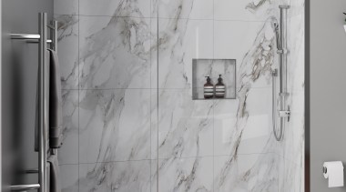 • 10 year warranty • Modern square on round bathroom, black and white, floor, flooring, interior design, plumbing fixture, room, shower, tile, wall, gray