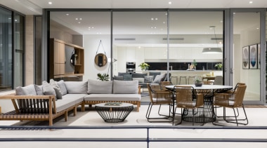 Relaxed outdoor living next to interior living, dining architecture, building, ceiling, coffee table, design, floor, furniture, glass, home, house, interior design, living room, lobby, property, real estate, room, table, gray