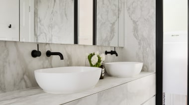 Bathroom designed by architect Linda Simmons – see bathroom, countertop, floor, home, interior design, room, sink, tap, tile, gray