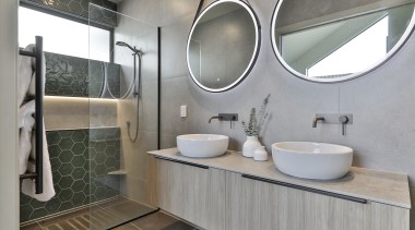 Master ensuite: Hexa Green Echo Gloss tiles have 