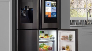​​​​​​​Smart Hub: A refrigerator with a Wi-Fi enabled home appliance, kitchen appliance, major appliance, product, refrigerator, shelving, black, gray