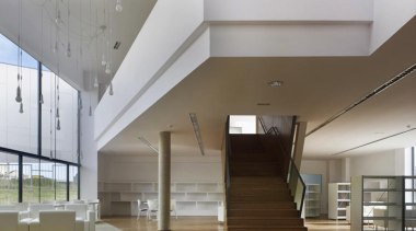 Library in Galicia, Spain - Library in Galicia, architecture, ceiling, daylighting, floor, handrail, house, interior design, lobby, real estate, stairs, gray, brown