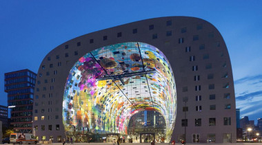 The Markthal Rotterdam is a market hall unlike arch, architecture, building, city, corporate headquarters, daytime, downtown, facade, landmark, metropolis, metropolitan area, plaza, sky, structure, tourist attraction, blue